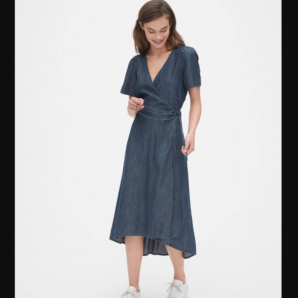 NWT GAP | Midi Length Wrap Dress in Tencel Dark Blue Wash V Neck Short Sleeve